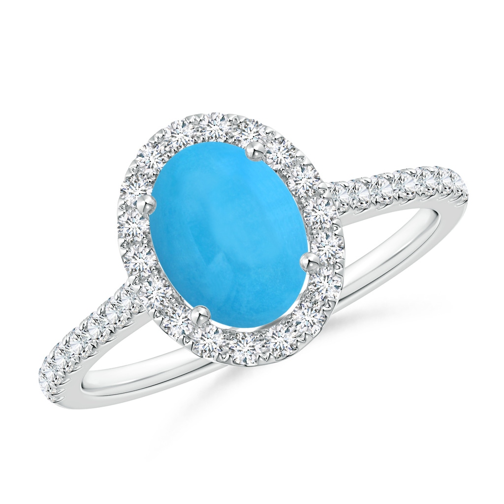 8x6mm AAA Oval Turquoise Halo Ring with Diamond Accents in White Gold