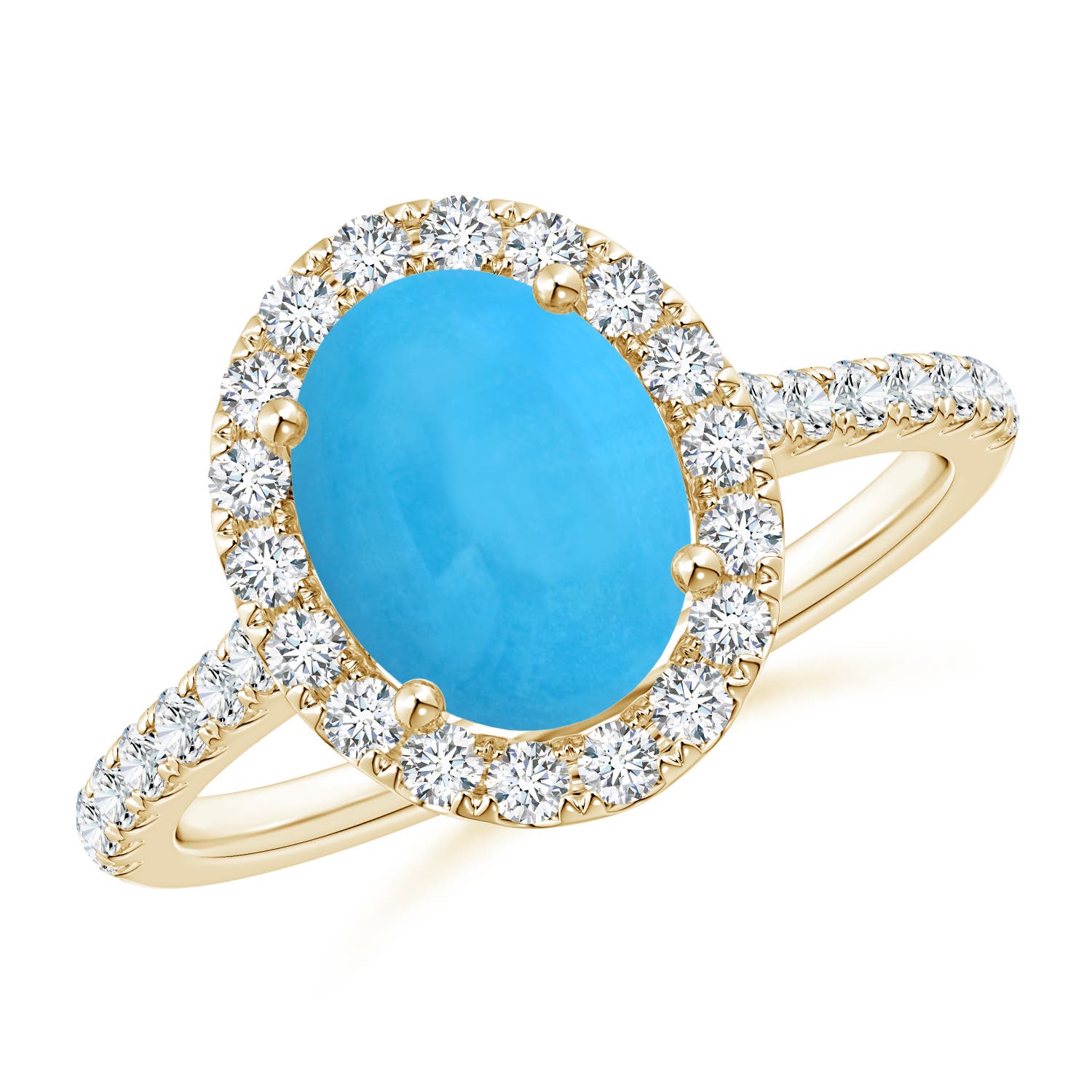 9x7mm AAA Oval Turquoise Halo Ring with Diamond Accents in Yellow Gold