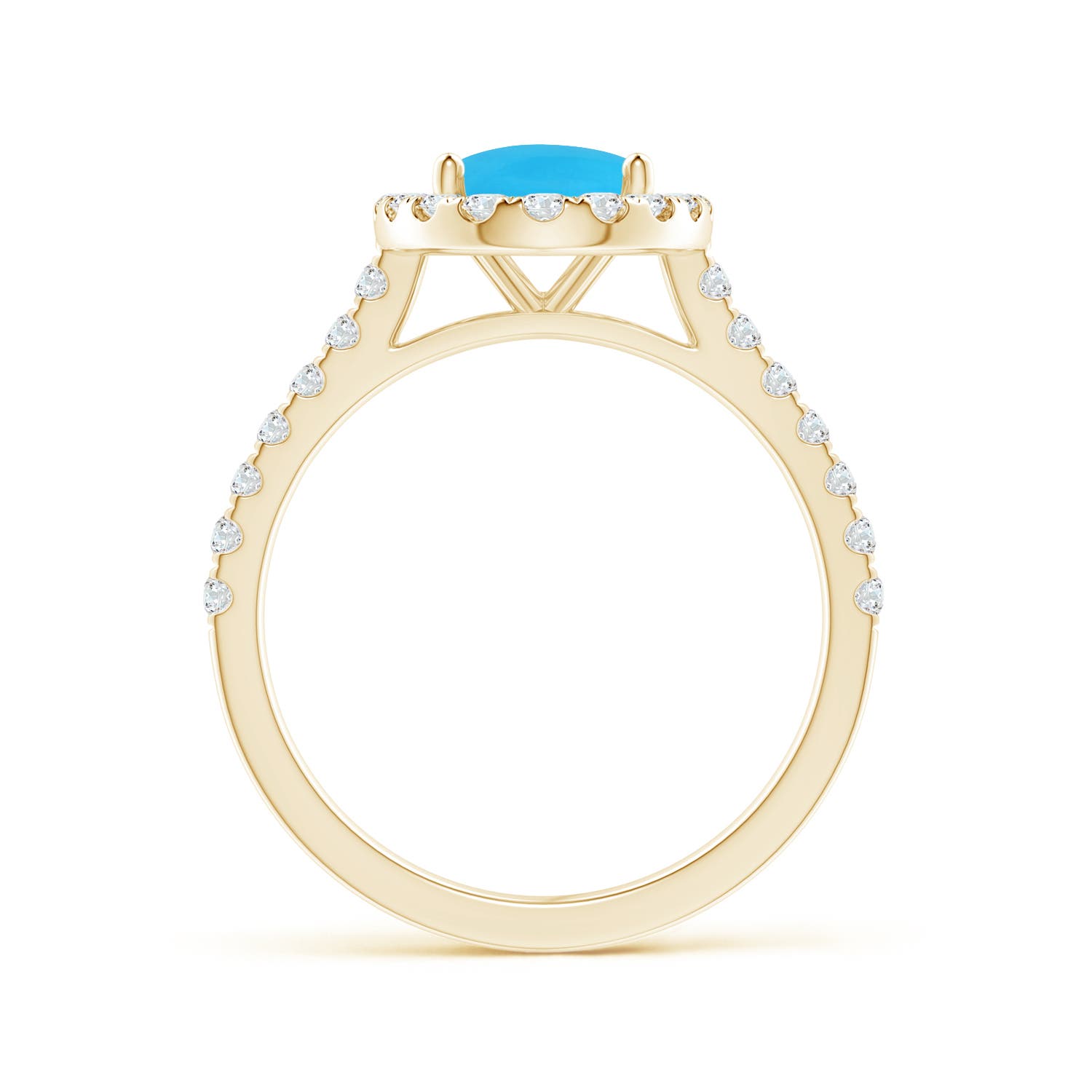 9x7mm AAA Oval Turquoise Halo Ring with Diamond Accents in Yellow Gold