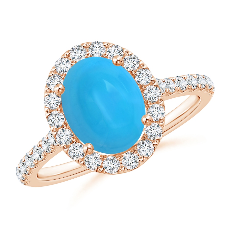 9x7mm AAAA Oval Turquoise Halo Ring with Diamond Accents in Rose Gold 