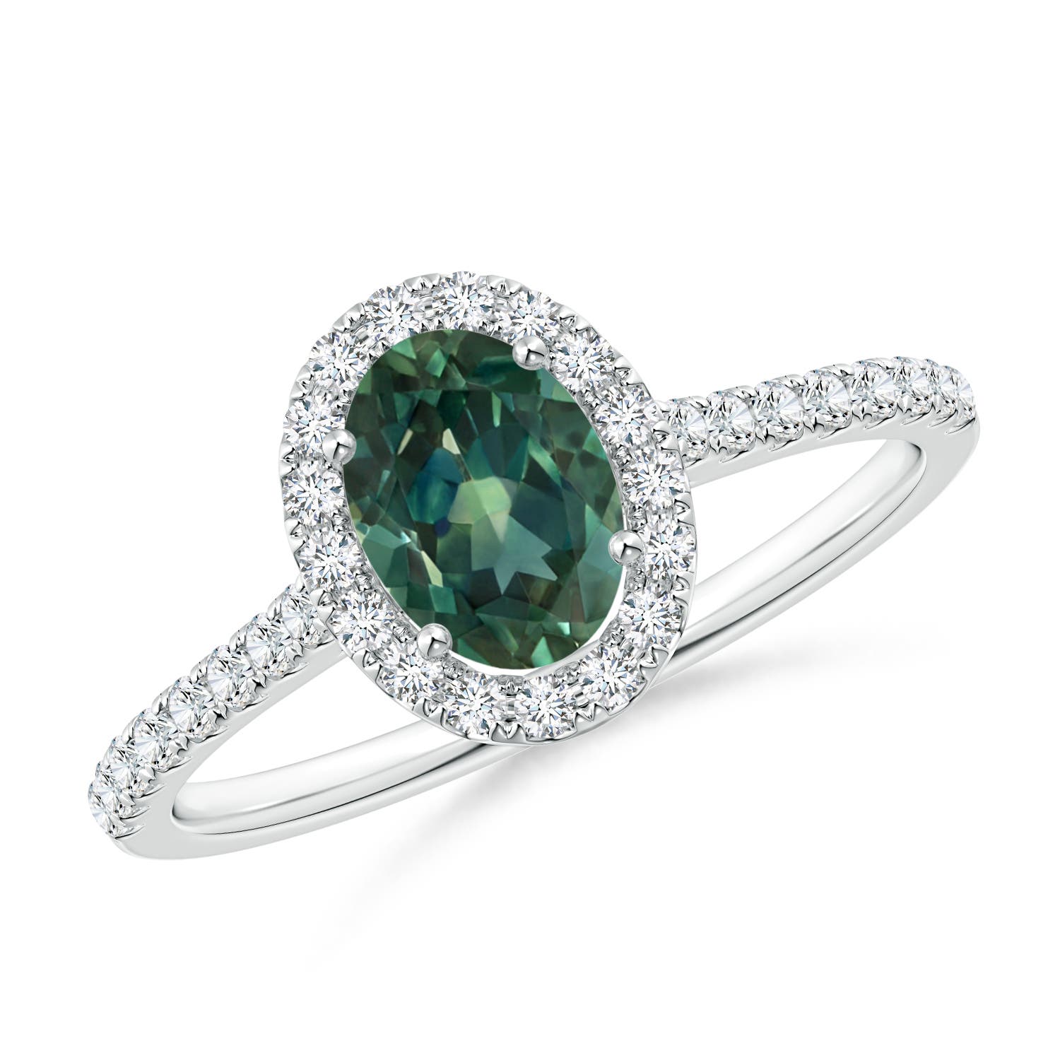 7x5mm AA Oval Teal Montana Sapphire Halo Ring with Diamond Accents in P950 Platinum