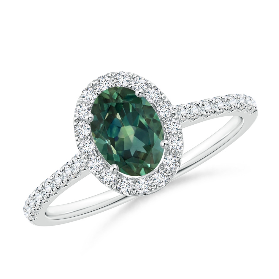 7x5mm AA Oval Teal Montana Sapphire Halo Ring with Diamond Accents in White Gold 