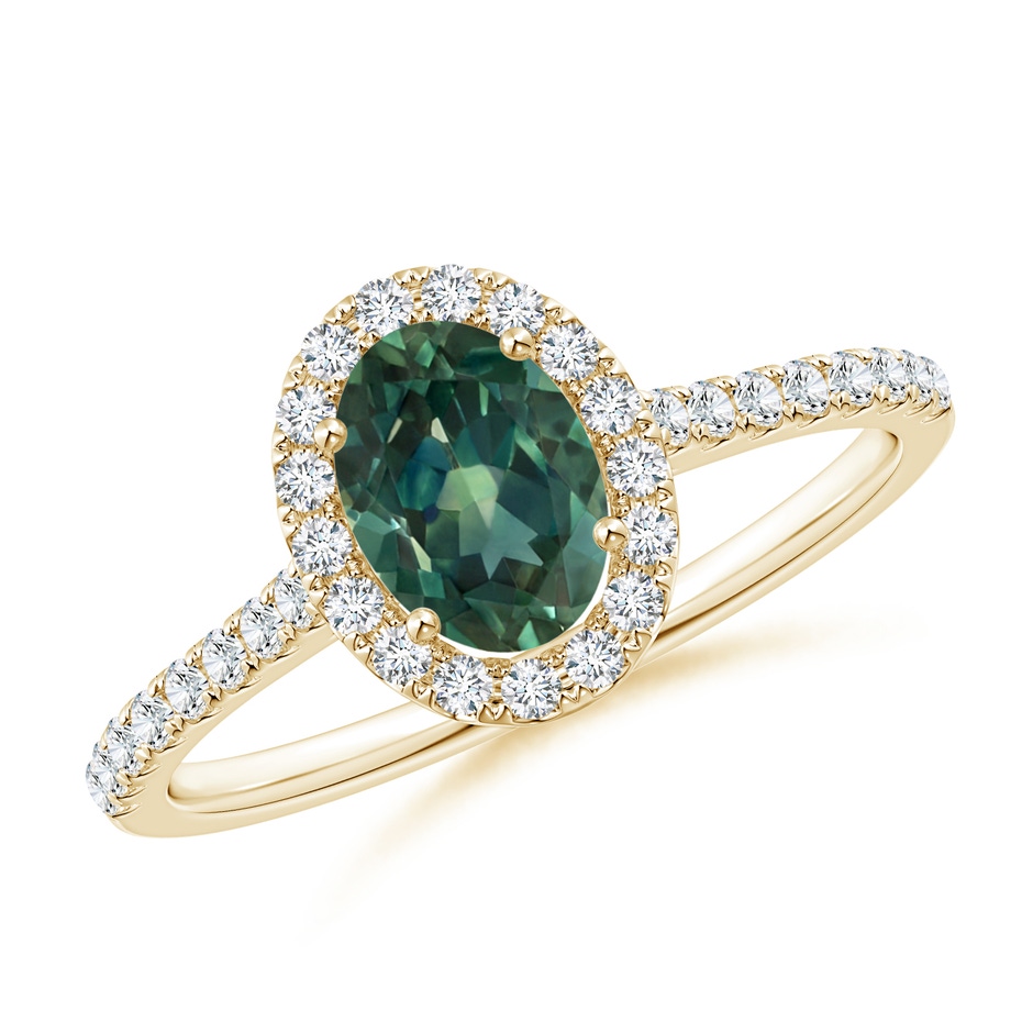 7x5mm AA Oval Teal Montana Sapphire Halo Ring with Diamond Accents in Yellow Gold 