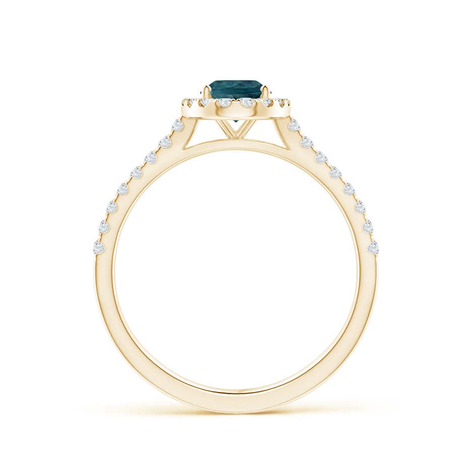 7x5mm AAA Oval Teal Montana Sapphire Halo Ring with Diamond Accents in 9K Yellow Gold side 1