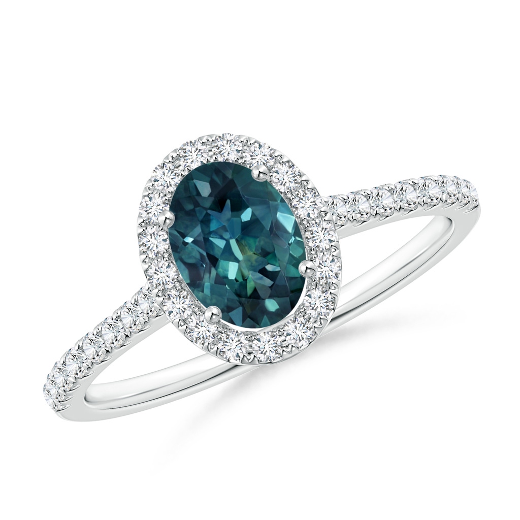 7x5mm AAA Oval Teal Montana Sapphire Halo Ring with Diamond Accents in P950 Platinum