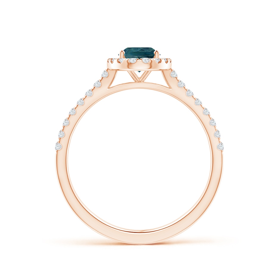 7x5mm AAA Oval Teal Montana Sapphire Halo Ring with Diamond Accents in Rose Gold side 1