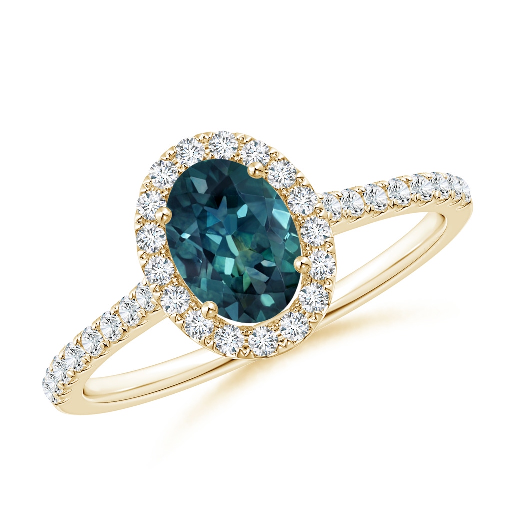 7x5mm AAA Oval Teal Montana Sapphire Halo Ring with Diamond Accents in Yellow Gold