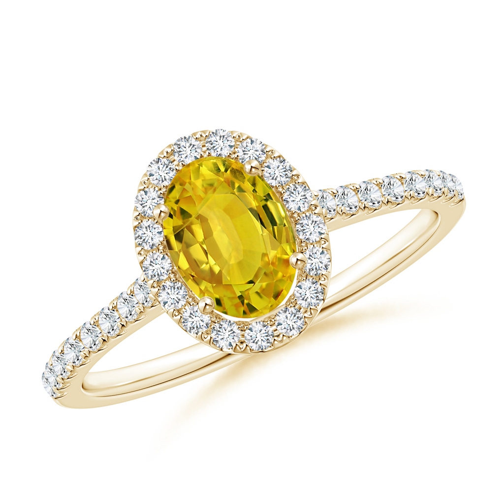 7x5mm AAAA Oval Yellow Sapphire Halo Ring with Diamond Accents in Yellow Gold