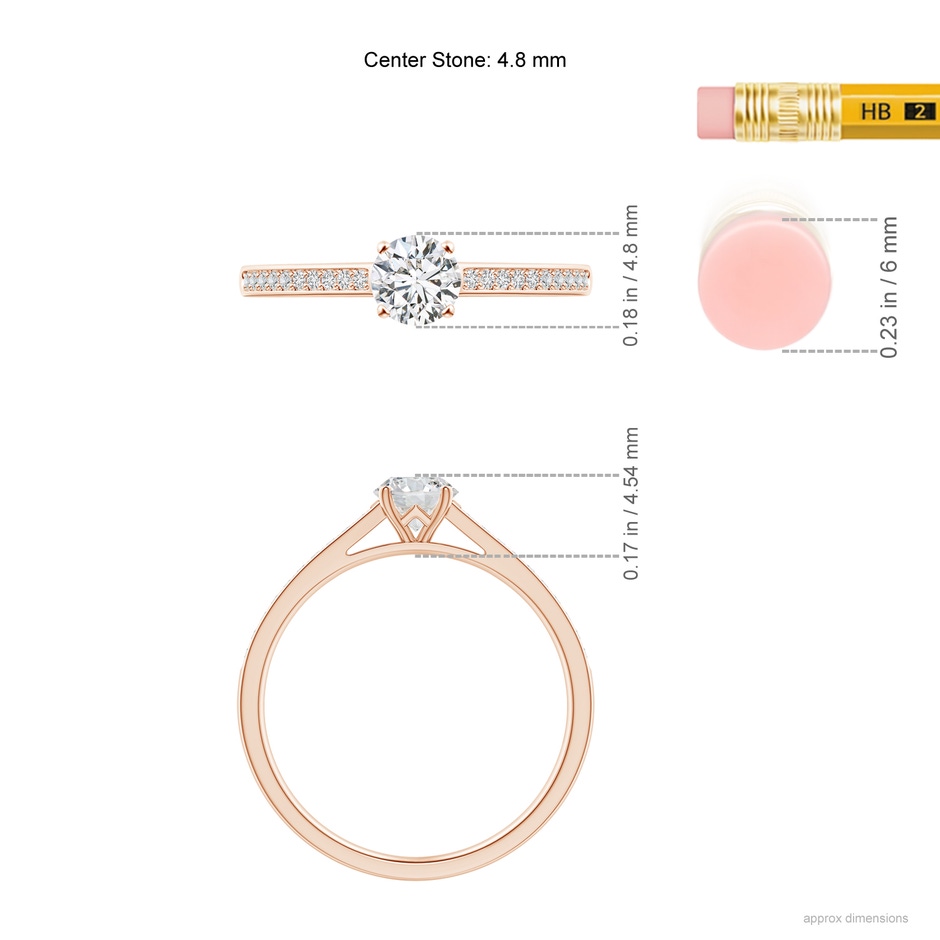 4.8mm HSI2 Prong-Set Solitaire Round Diamond Cathedral Ring in Rose Gold ruler