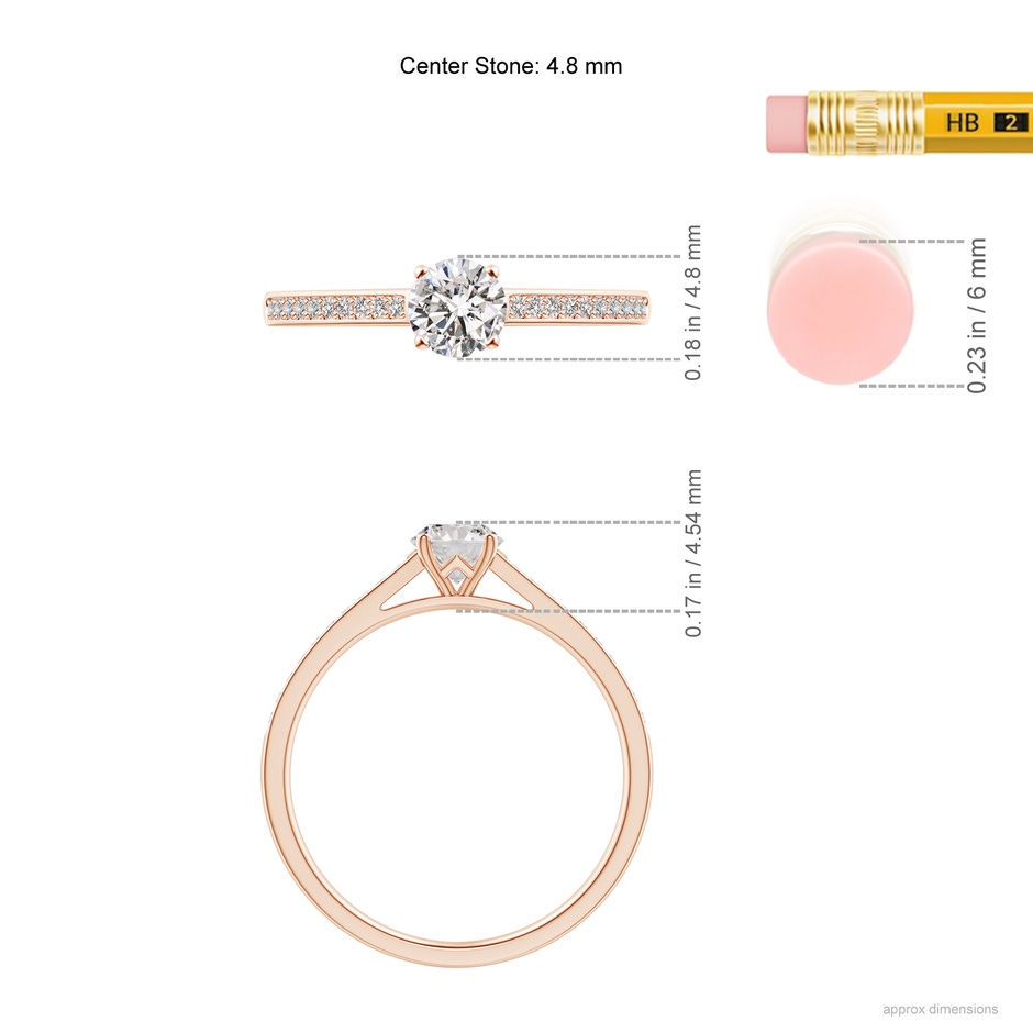 4.8mm IJI1I2 Prong-Set Solitaire Round Diamond Cathedral Ring in Rose Gold ruler