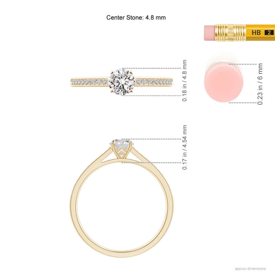 4.8mm IJI1I2 Prong-Set Solitaire Round Diamond Cathedral Ring in Yellow Gold ruler