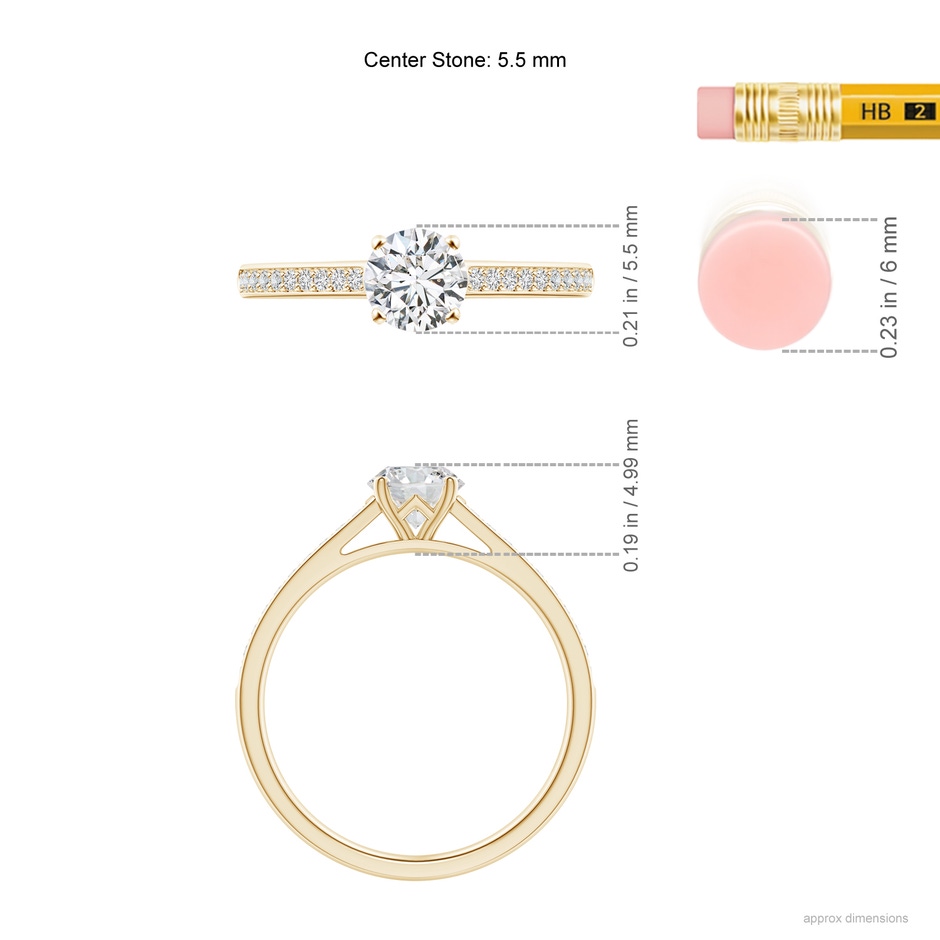 5.5mm HSI2 Prong-Set Solitaire Round Diamond Cathedral Ring in Yellow Gold ruler