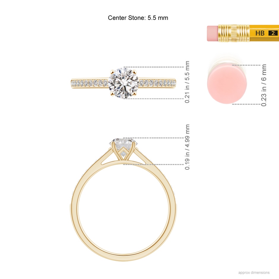 5.5mm IJI1I2 Prong-Set Solitaire Round Diamond Cathedral Ring in Yellow Gold ruler