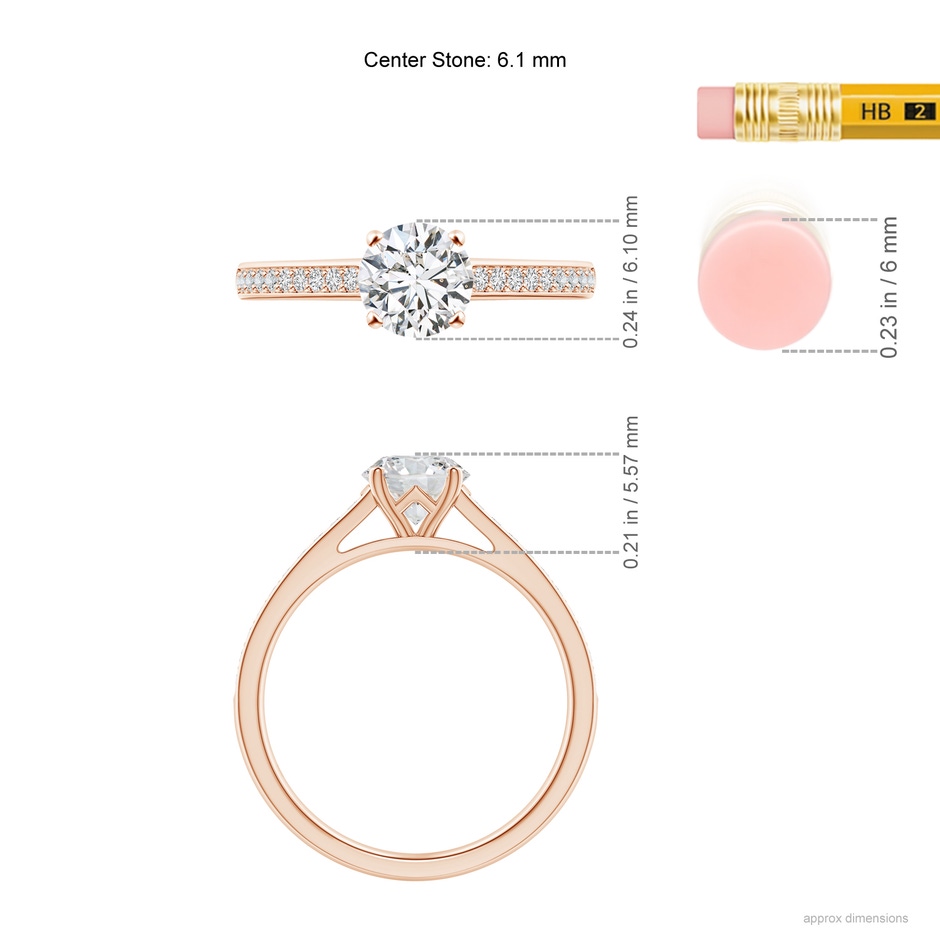 6.1mm HSI2 Prong-Set Solitaire Round Diamond Cathedral Ring in Rose Gold ruler
