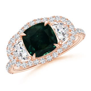 7.67x7.57x5.80mm AA GIA Certified Cushion Teal Sapphire Ring with Half Moon Diamonds in 18K Rose Gold