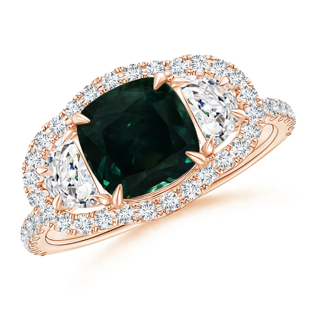 7.67x7.57x5.80mm AA GIA Certified Cushion Teal Sapphire Ring with Half Moon Diamonds in Rose Gold