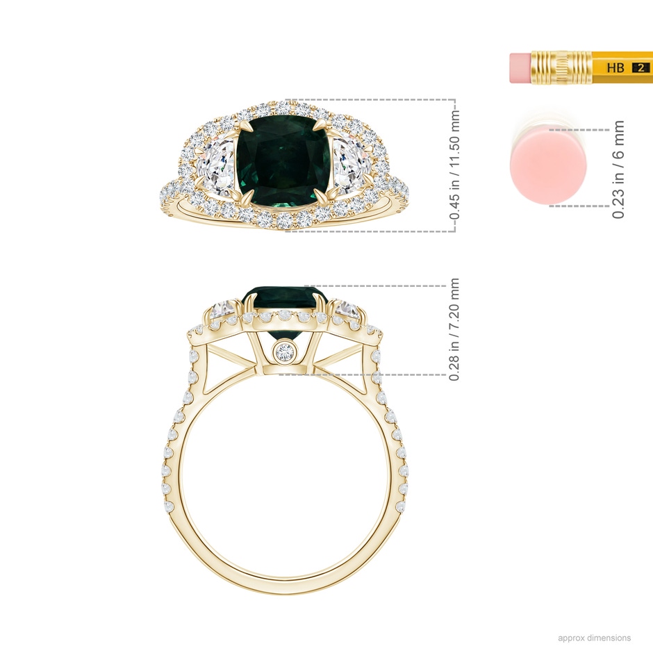 7.67x7.57x5.80mm AA GIA Certified Cushion Teal Sapphire Ring with Half Moon Diamonds in Yellow Gold ruler