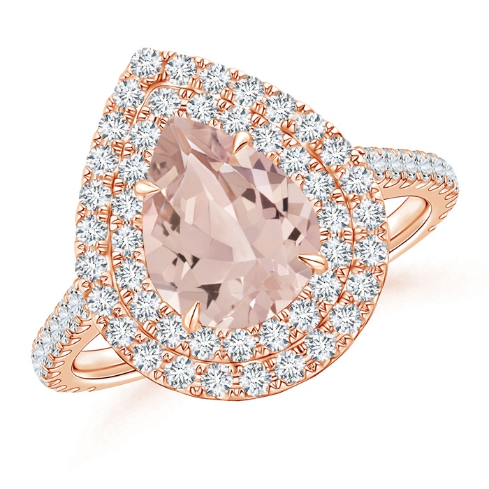 9x7mm AA Pear-Shaped Morganite Double Halo Ring in Rose Gold