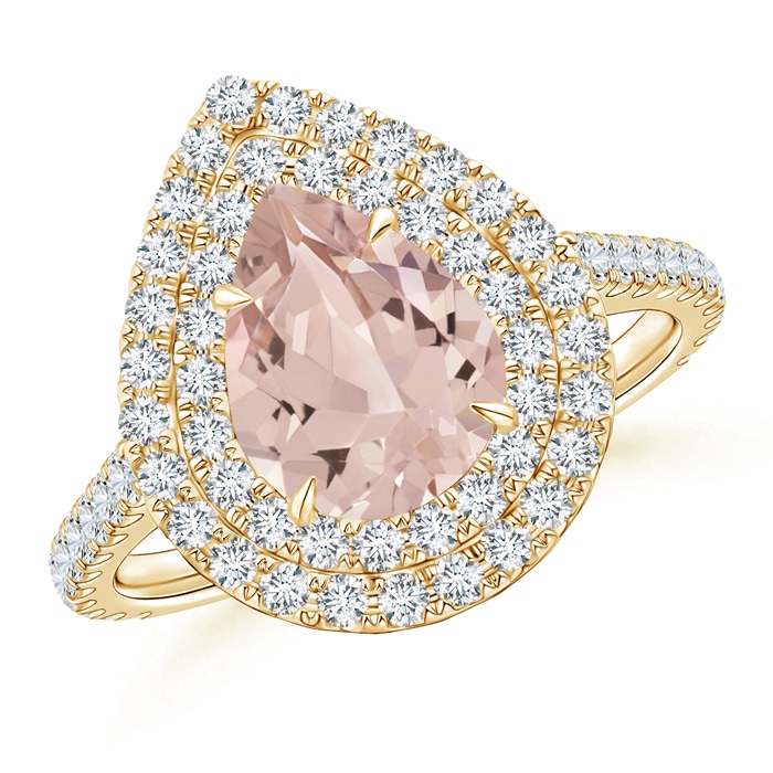 9x7mm AA Pear-Shaped Morganite Double Halo Ring in Yellow Gold