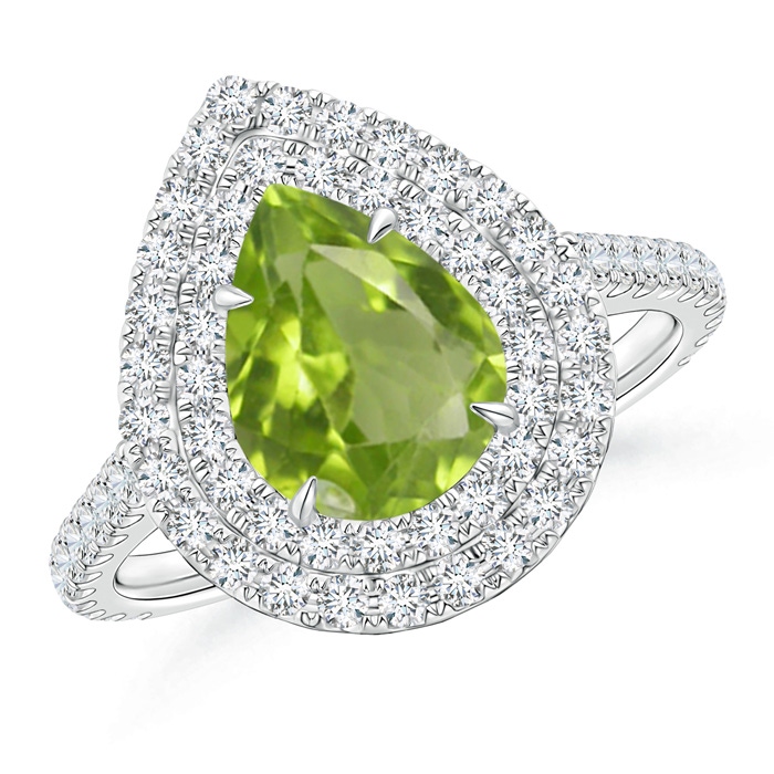 9x7mm AA Pear-Shaped Peridot Double Halo Ring in White Gold