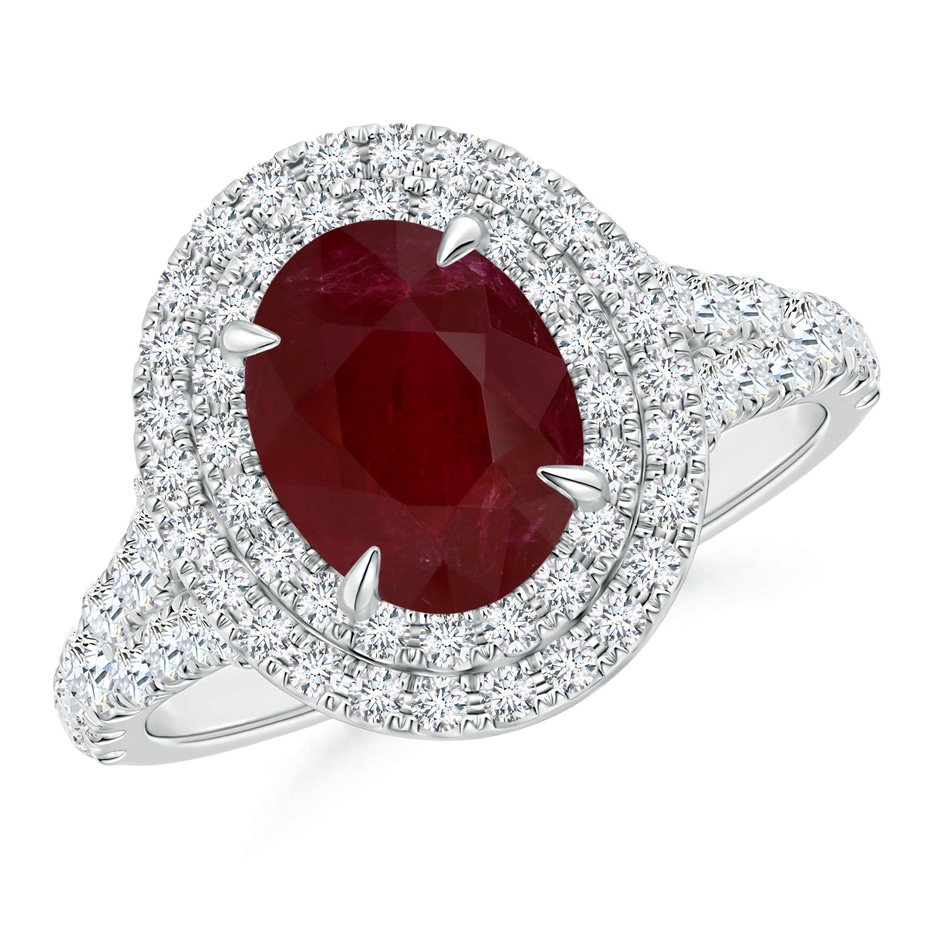 8.97x6.95x3.69mm AA GIA Certified Oval Ruby Double Halo Ring in 18K White Gold 