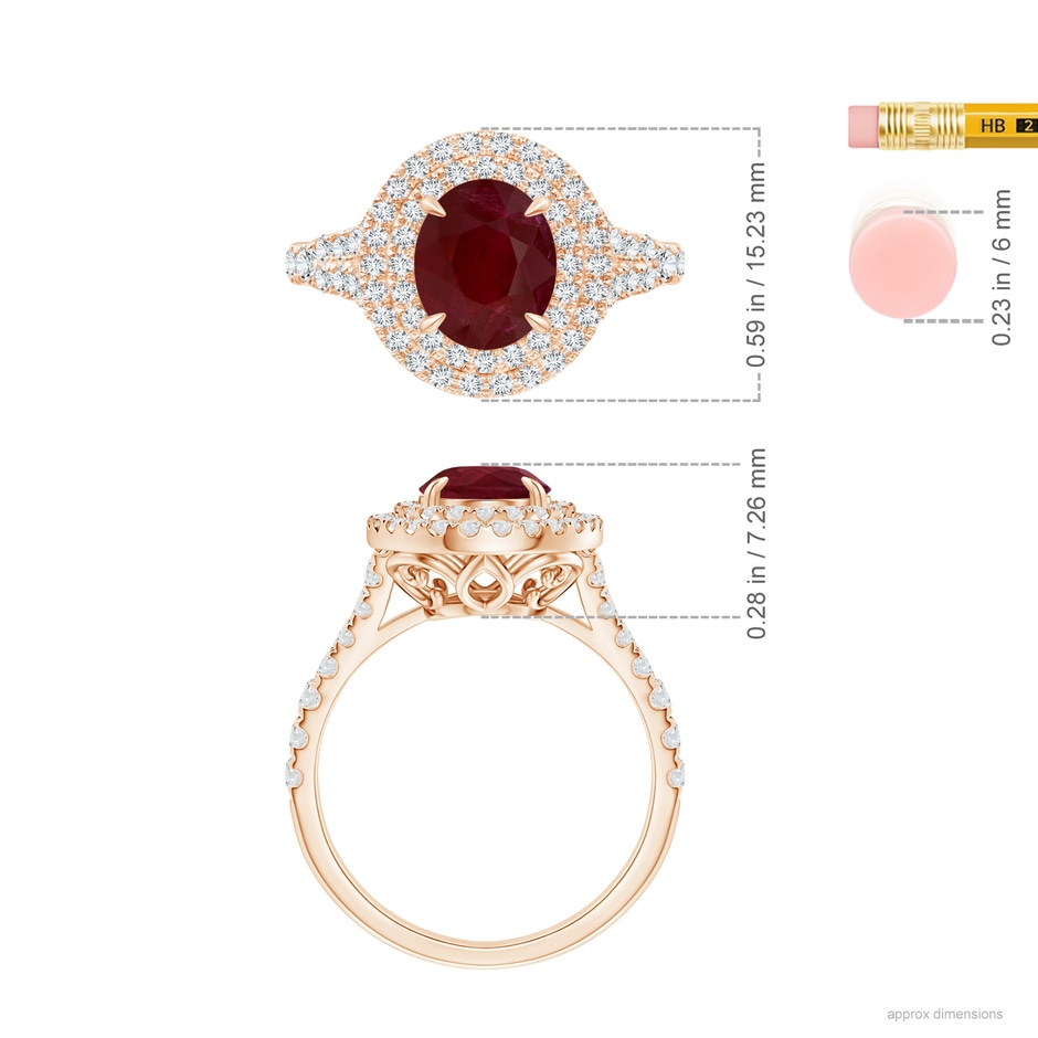 8.97x6.95x3.69mm AA GIA Certified Oval Ruby Double Halo Ring in Rose Gold ruler