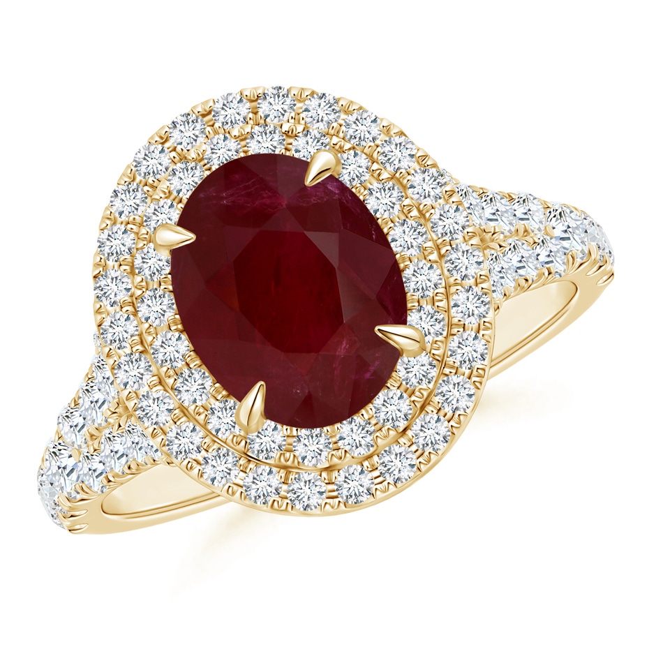 8.97x6.95x3.69mm AA GIA Certified Oval Ruby Double Halo Ring in Yellow Gold 