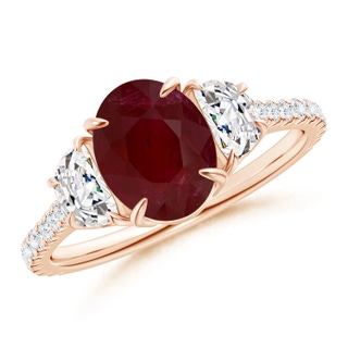 8.97x6.95x3.69mm AA GIA Certified Oval Ruby and Diamond 3 Stone Ring. in 18K Rose Gold