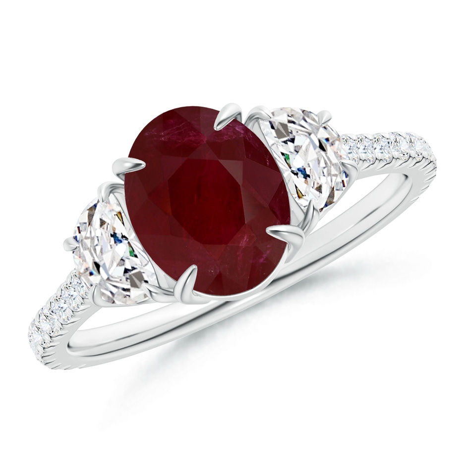 8.97x6.95x3.69mm AA GIA Certified Oval Ruby and Diamond 3 Stone Ring. in 18K White Gold 