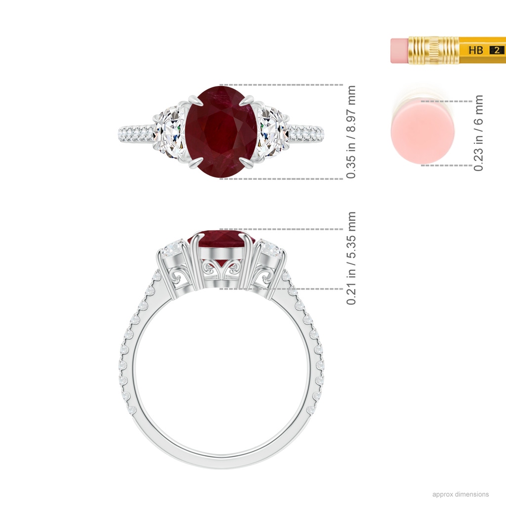 8.97x6.95x3.69mm AA GIA Certified Oval Ruby and Diamond 3 Stone Ring. in 18K White Gold ruler