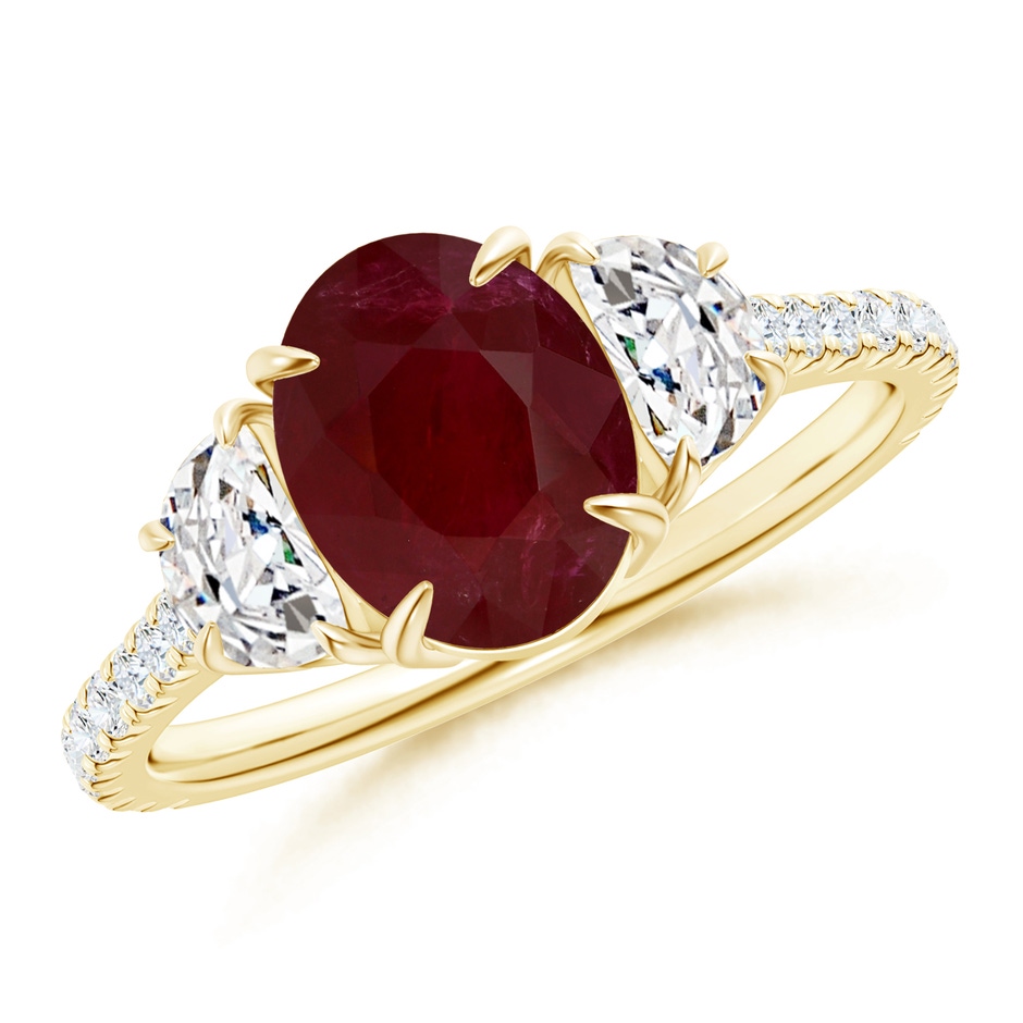 8.97x6.95x3.69mm AA GIA Certified Oval Ruby and Diamond 3 Stone Ring. in 18K Yellow Gold 