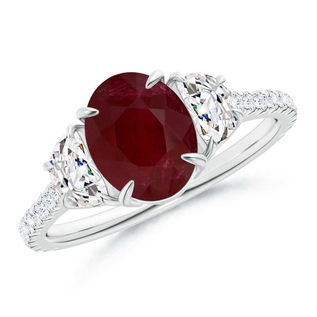 8.97x6.95x3.69mm AA GIA Certified Oval Ruby and Diamond 3 Stone Ring. in White Gold
