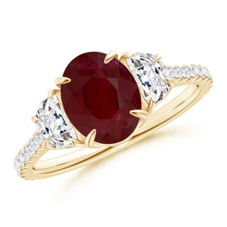 8.97x6.95x3.69mm AA GIA Certified Oval Ruby and Diamond 3 Stone Ring. in Yellow Gold