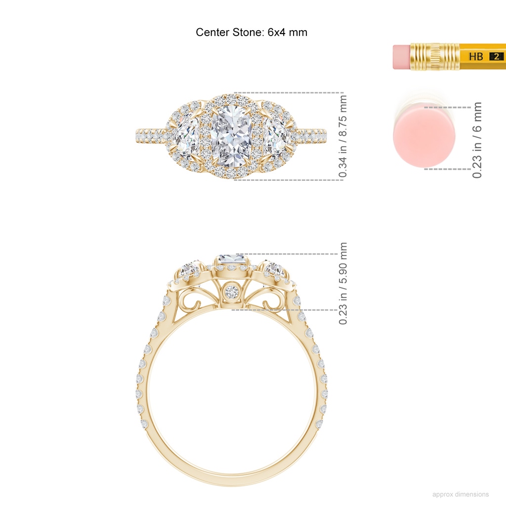 6x4mm HSI2 Cushion and Half-Moon Diamond Halo Ring in Yellow Gold ruler