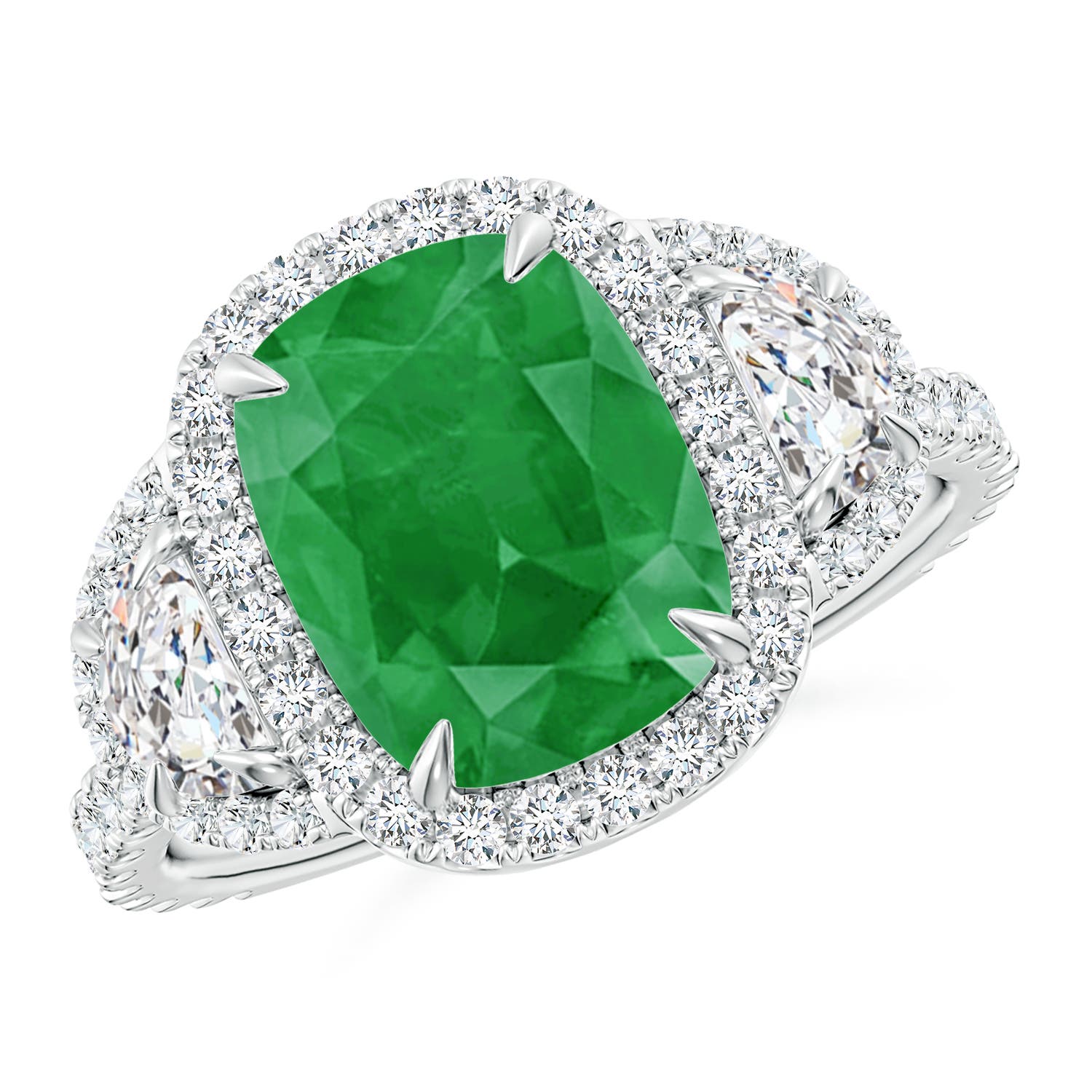 10x8mm A Cushion Emerald and Half Moon Diamond Halo Ring in P950 Platinum