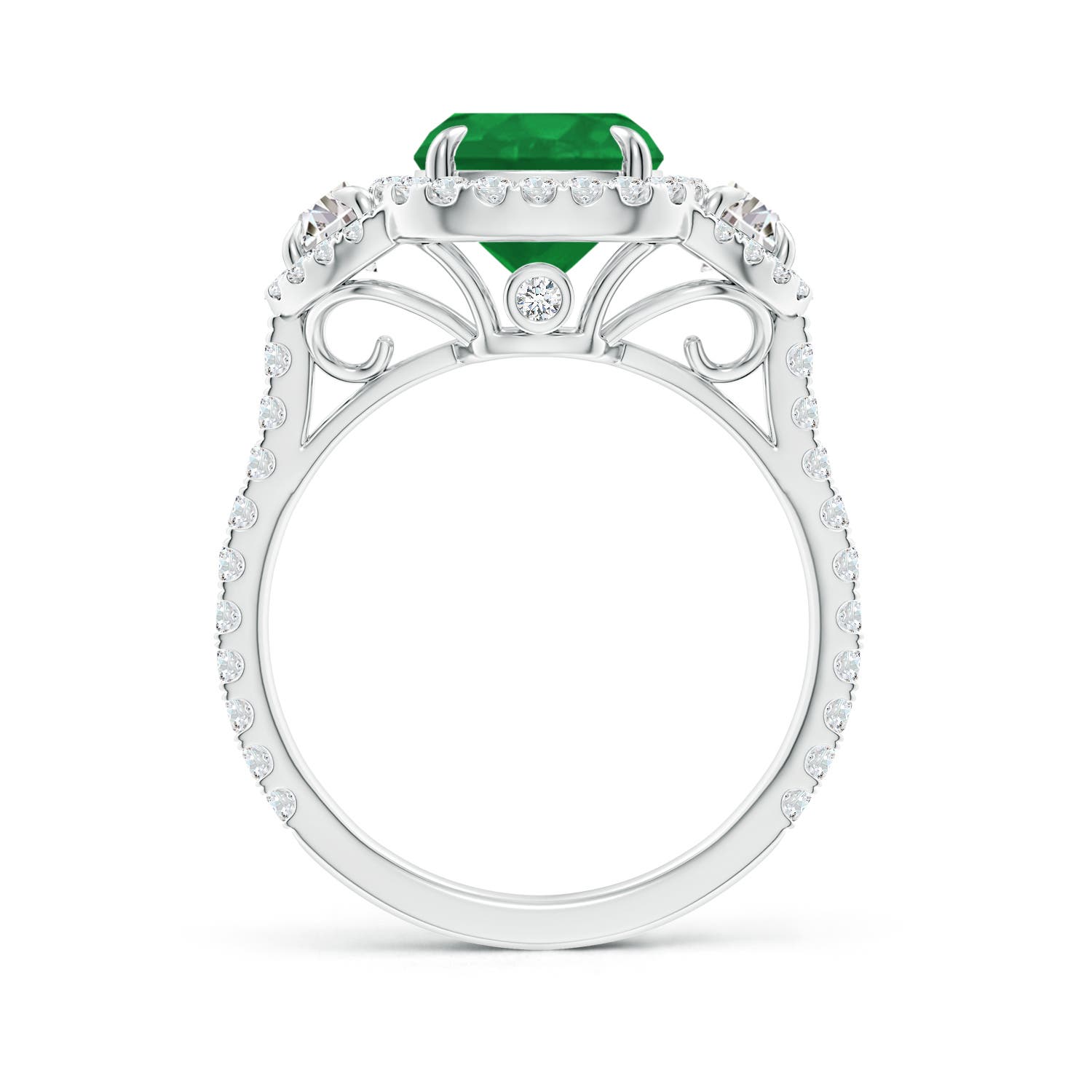 10x8mm A Cushion Emerald and Half Moon Diamond Halo Ring in P950 Platinum