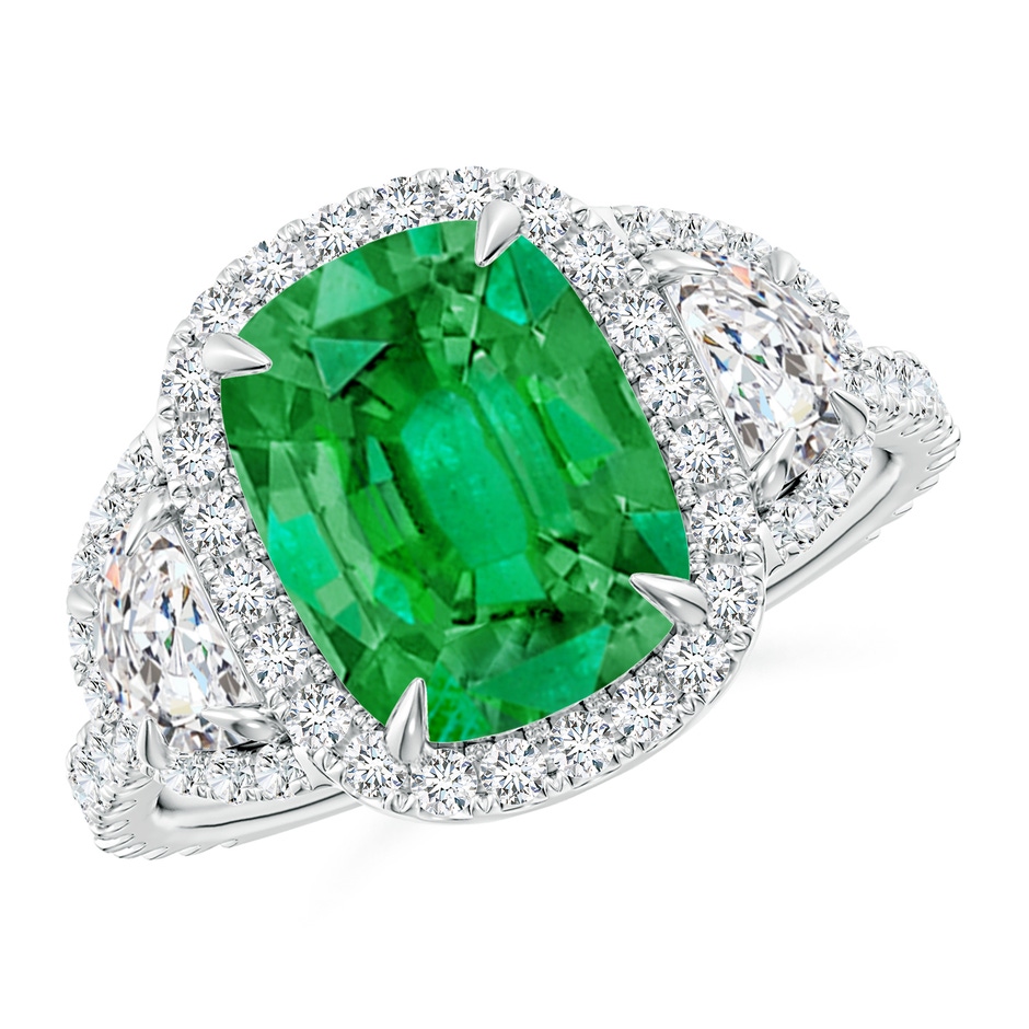 10x8mm AAA Cushion Emerald and Half Moon Diamond Halo Ring in P950 Platinum 
