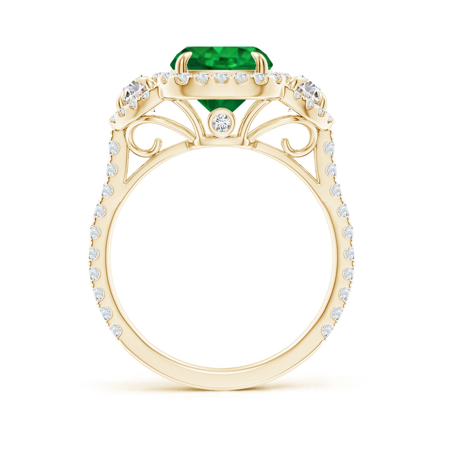 10x8mm AAA Cushion Emerald and Half Moon Diamond Halo Ring in Yellow Gold