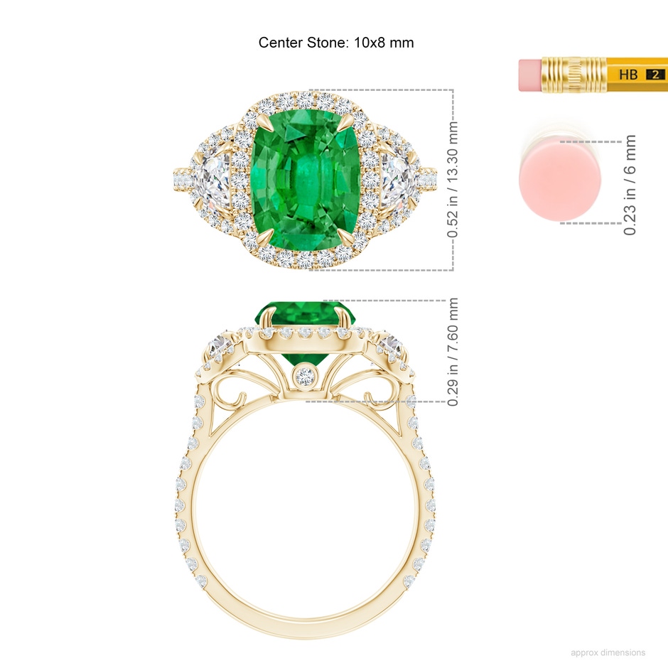 10x8mm AAA Cushion Emerald and Half Moon Diamond Halo Ring in Yellow Gold ruler