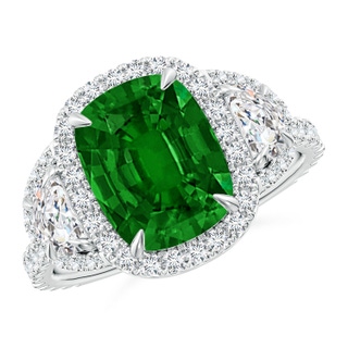 10x8mm AAAA Cushion Emerald and Half Moon Diamond Halo Ring in White Gold