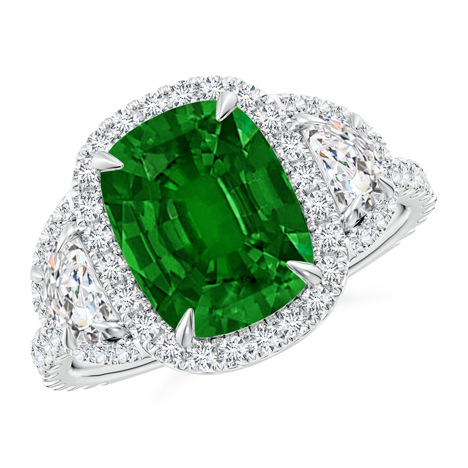10x8mm AAAA Cushion Emerald and Half Moon Diamond Halo Ring in White Gold 