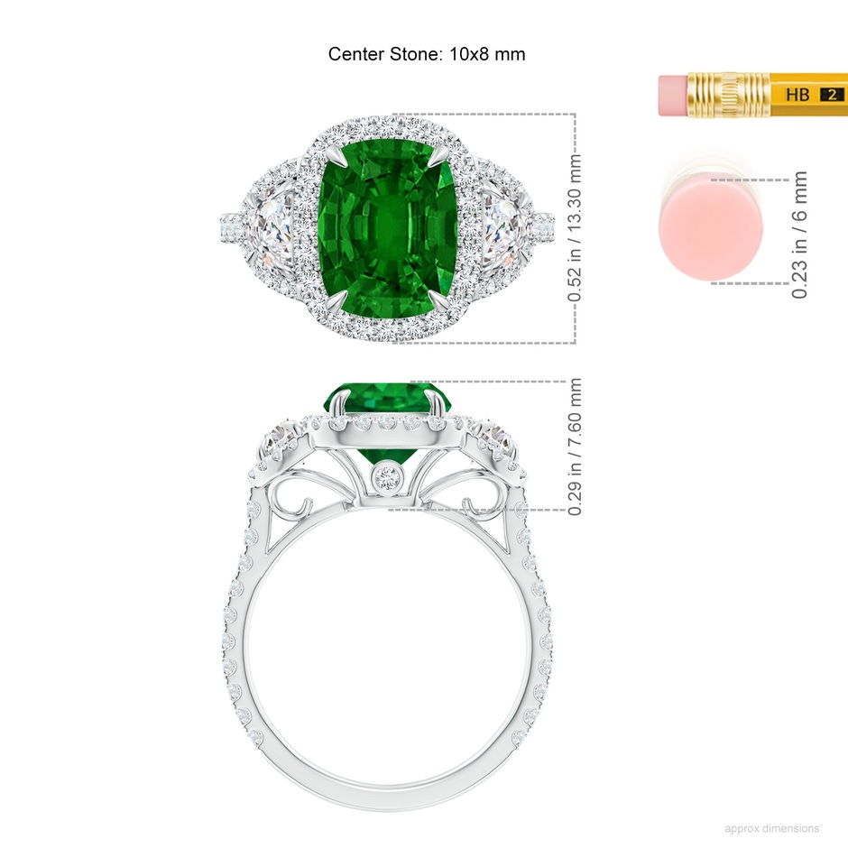 10x8mm AAAA Cushion Emerald and Half Moon Diamond Halo Ring in White Gold ruler