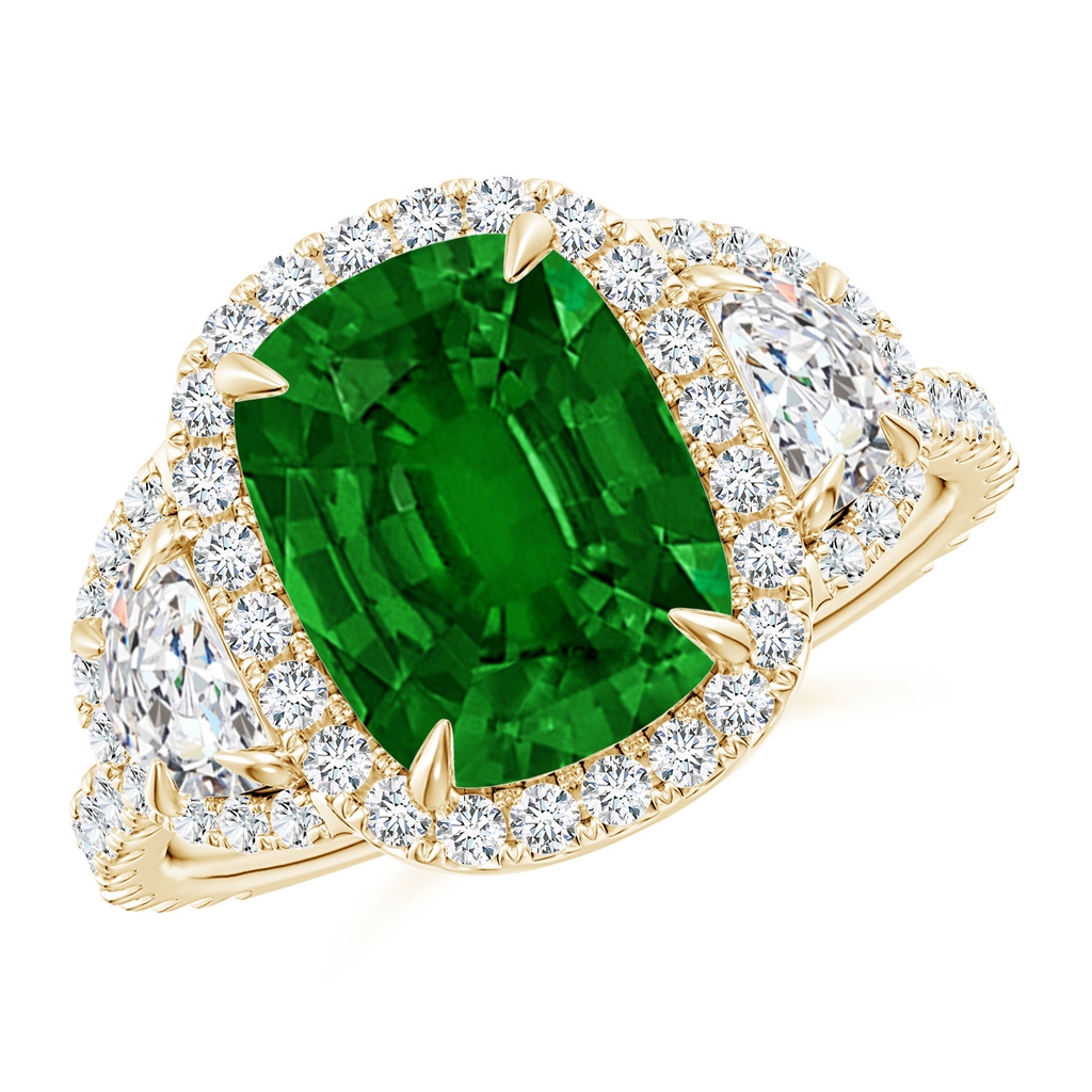 10x8mm AAAA Cushion Emerald and Half Moon Diamond Halo Ring in Yellow Gold