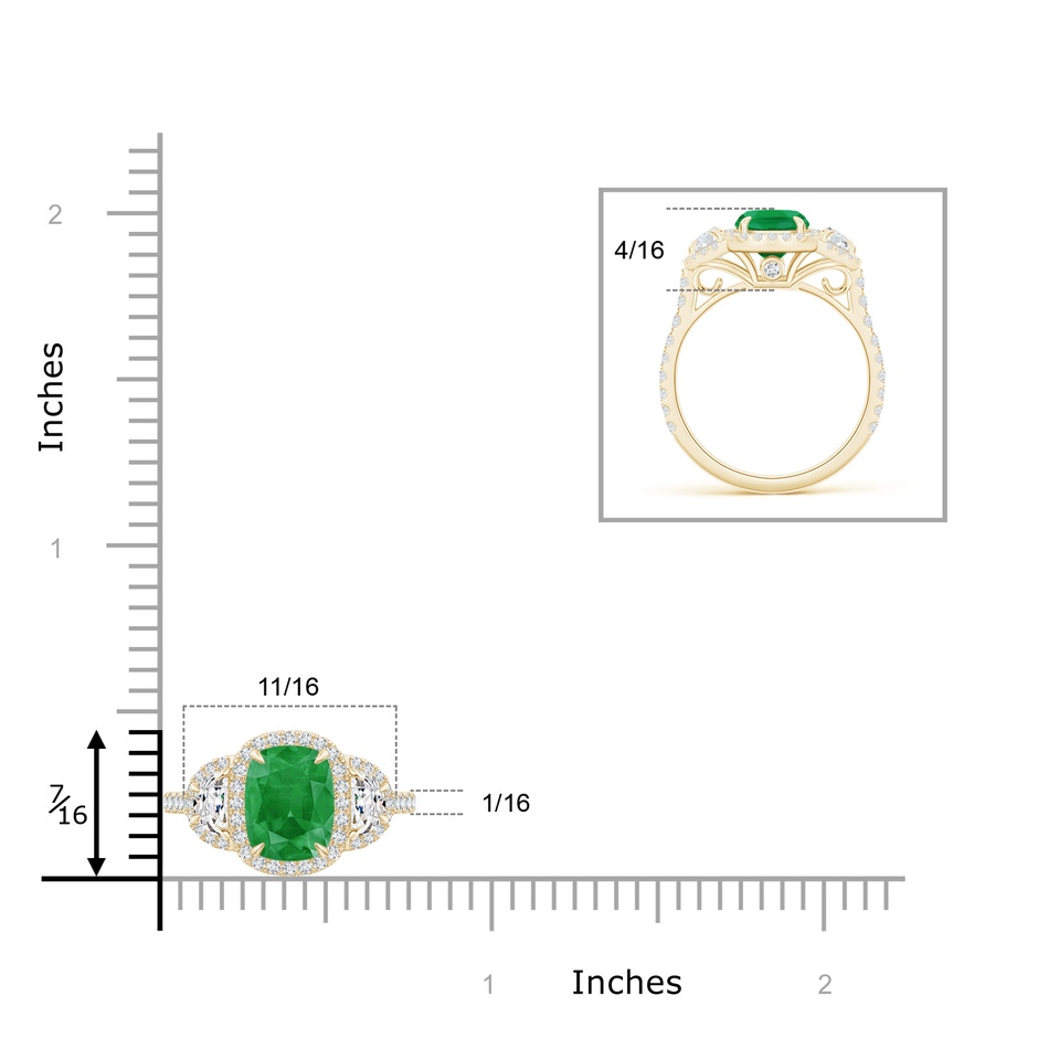 8x6mm A Cushion Emerald and Half Moon Diamond Halo Ring in Yellow Gold ruler