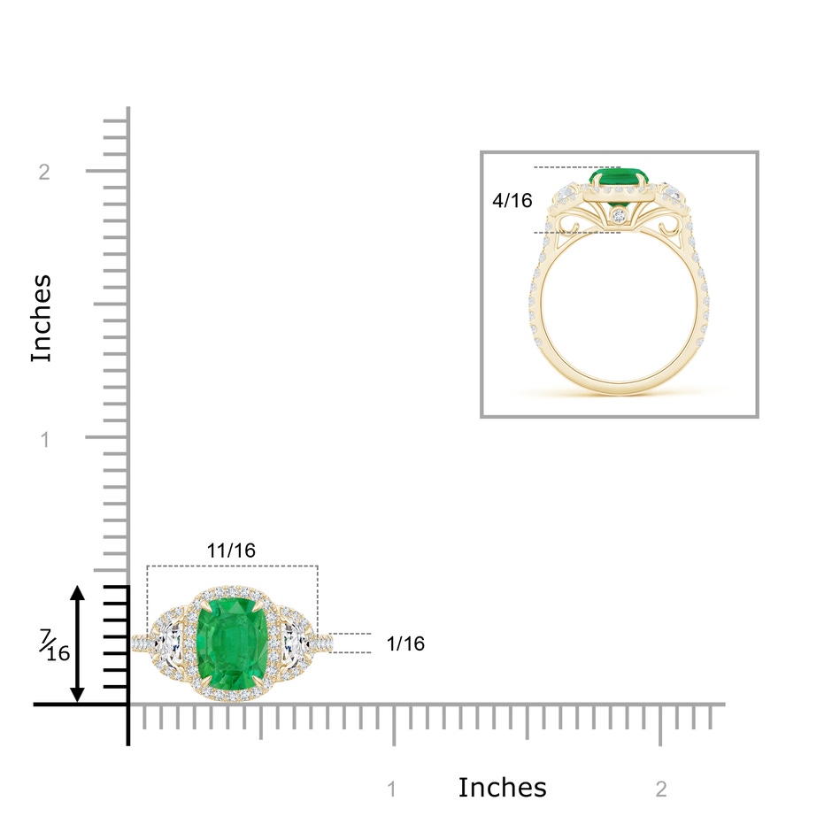 8x6mm AA Cushion Emerald and Half Moon Diamond Halo Ring in Yellow Gold ruler