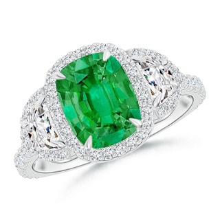 8x6mm AAA Cushion Emerald and Half Moon Diamond Halo Ring in White Gold