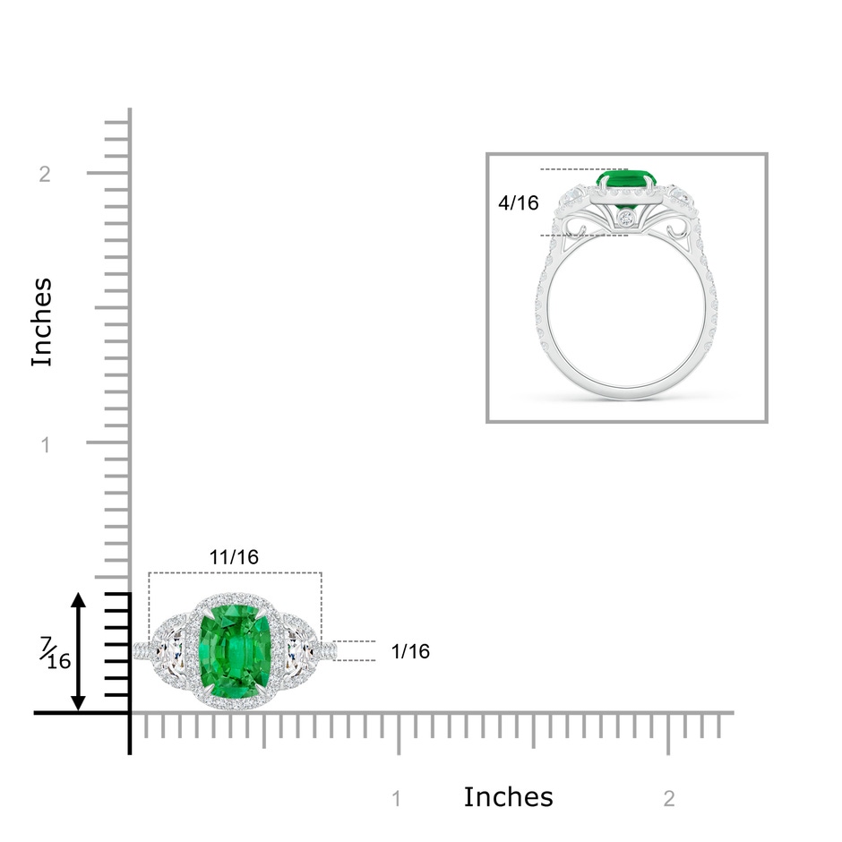 8x6mm AAA Cushion Emerald and Half Moon Diamond Halo Ring in White Gold ruler