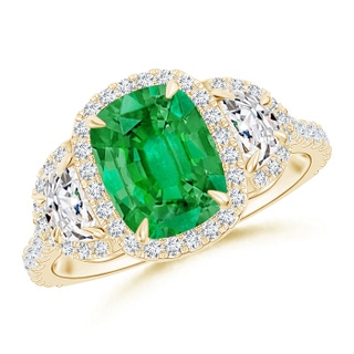 8x6mm AAA Cushion Emerald and Half Moon Diamond Halo Ring in Yellow Gold