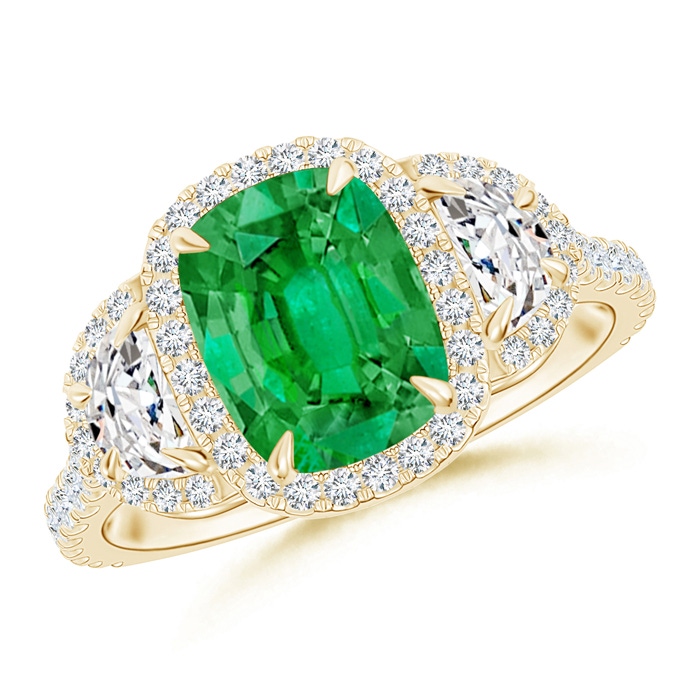 8x6mm AAA Cushion Emerald and Half Moon Diamond Halo Ring in Yellow Gold 