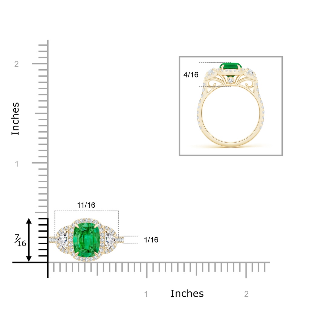 8x6mm AAA Cushion Emerald and Half Moon Diamond Halo Ring in Yellow Gold ruler